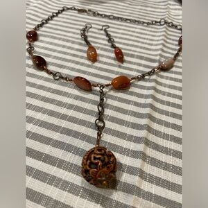 Natural stone necklace approx 20” and earrings copper wiring